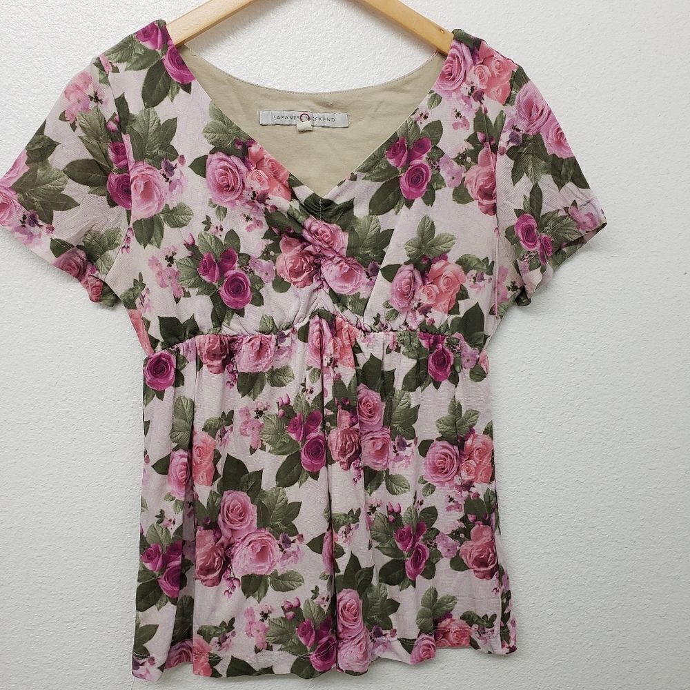 Japanese Weekend Floral Peplum V Neck Blouse Size L